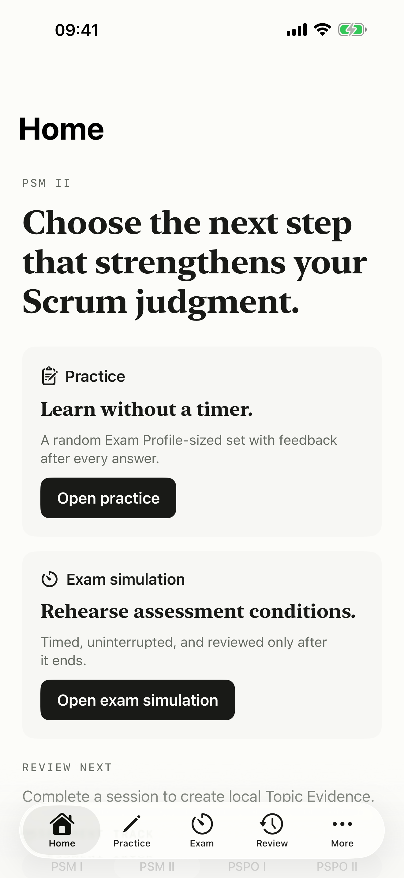 Öğrenme izlerini gösteren Scrum Assessments App ana ekranı