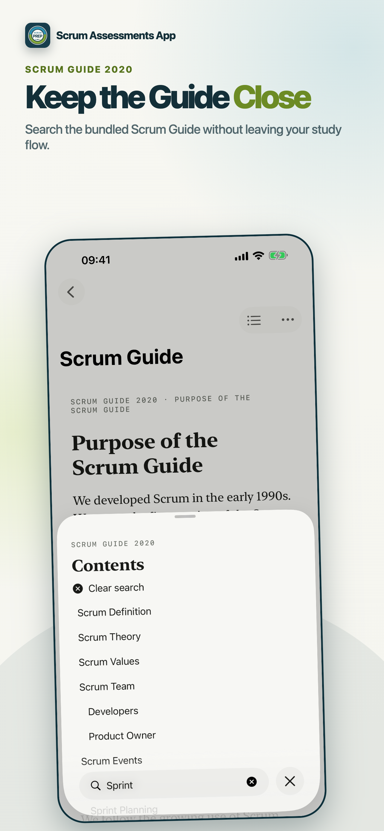 Scrum Assessments App offline Scrum Guide search
