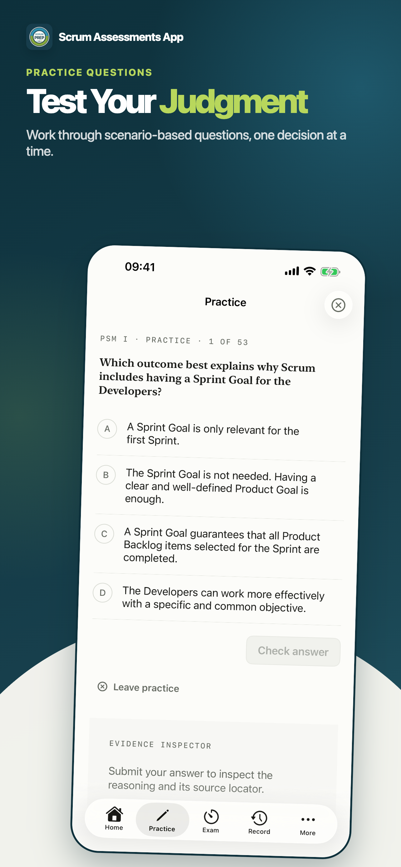 Scrum Assessments App practice question for testing Scrum judgment