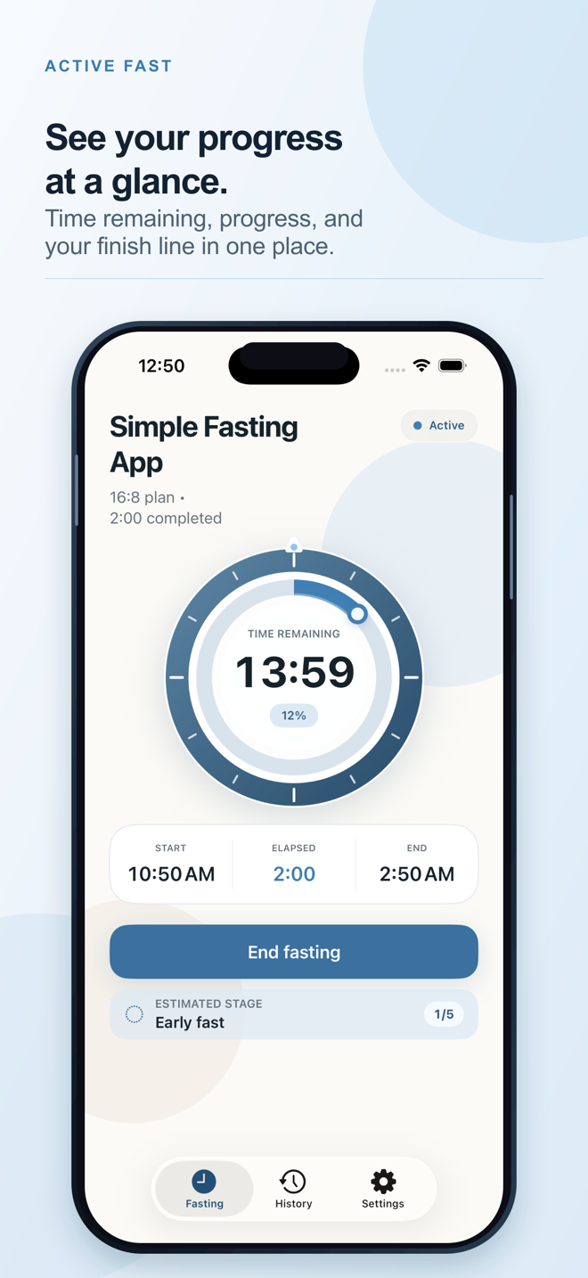 Simple Fasting App active fasting screen