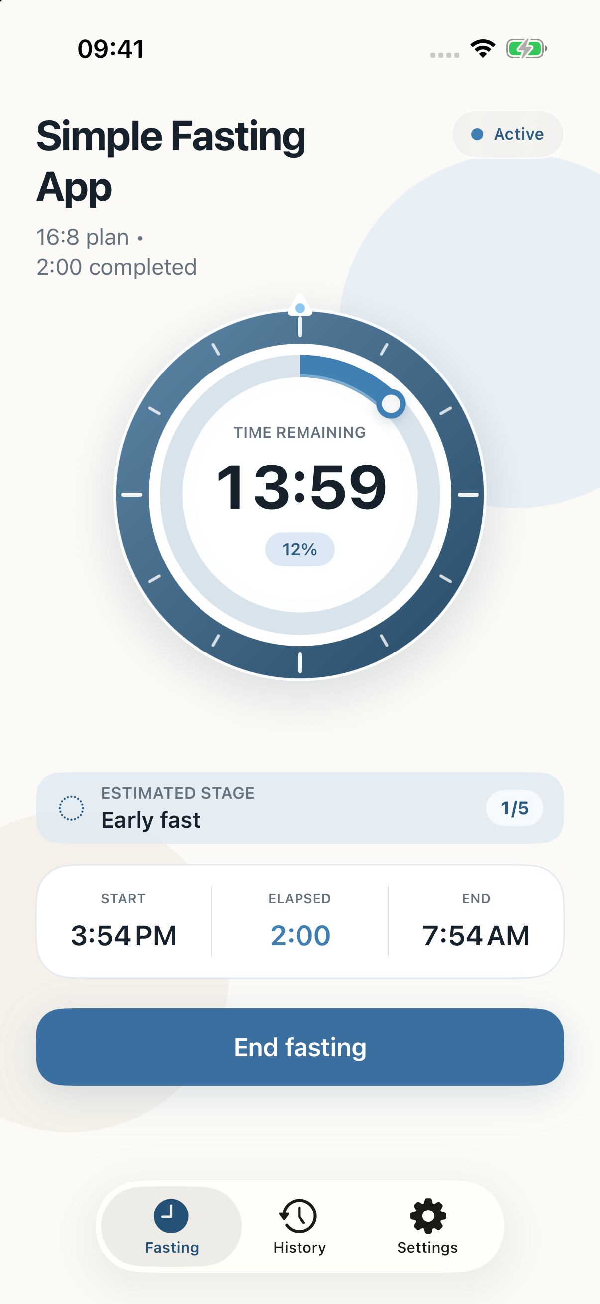 Active 16:8 fasting timer with time remaining, elapsed time, start and end times, and End fasting