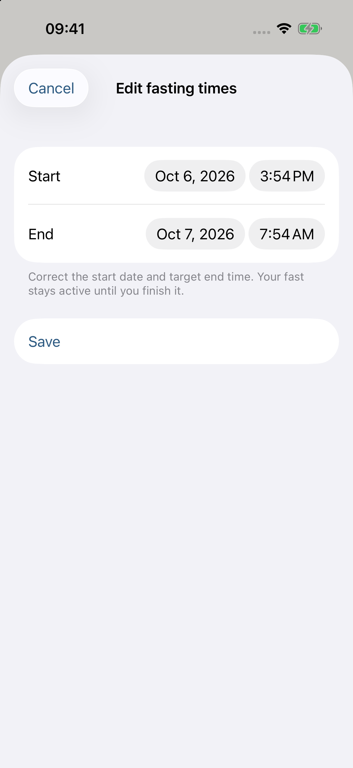 Edit fasting times sheet with Start and End date and time controls