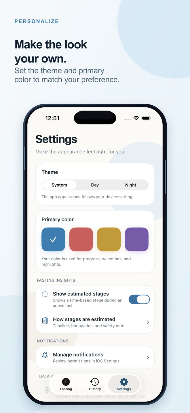 Simple Fasting App Settings screen